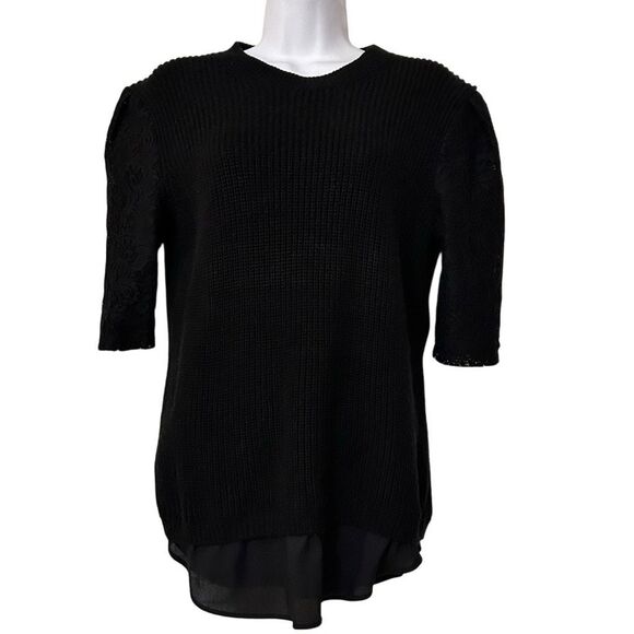 Ann Taylor Black Wool Blend Sweater Short Lace Sleeves Size M Sheer Bottom Hem - Picture 3 of 9